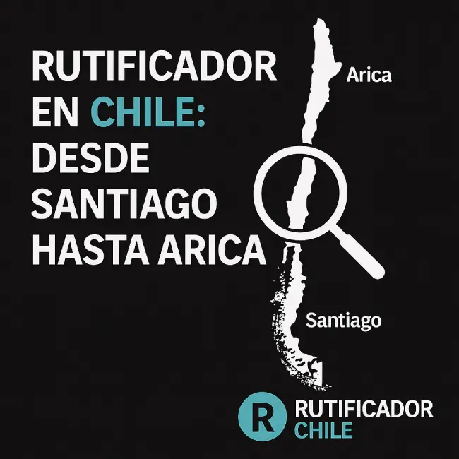 Rutificador Chile 2025 – Busqueda Por RUT - Nombre Rut y Firma 7 Rutificador en Chile: mapa minimalista en negro, blanco y verde teal mostrando una ruta o conexión entre Santiago y Arica, con el logo de Rutificador.